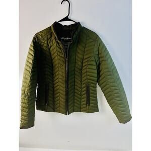 Eddie Bauer Women Puffer Full Zip Jacket Green Brown Accents, Logo - Size M Vtg